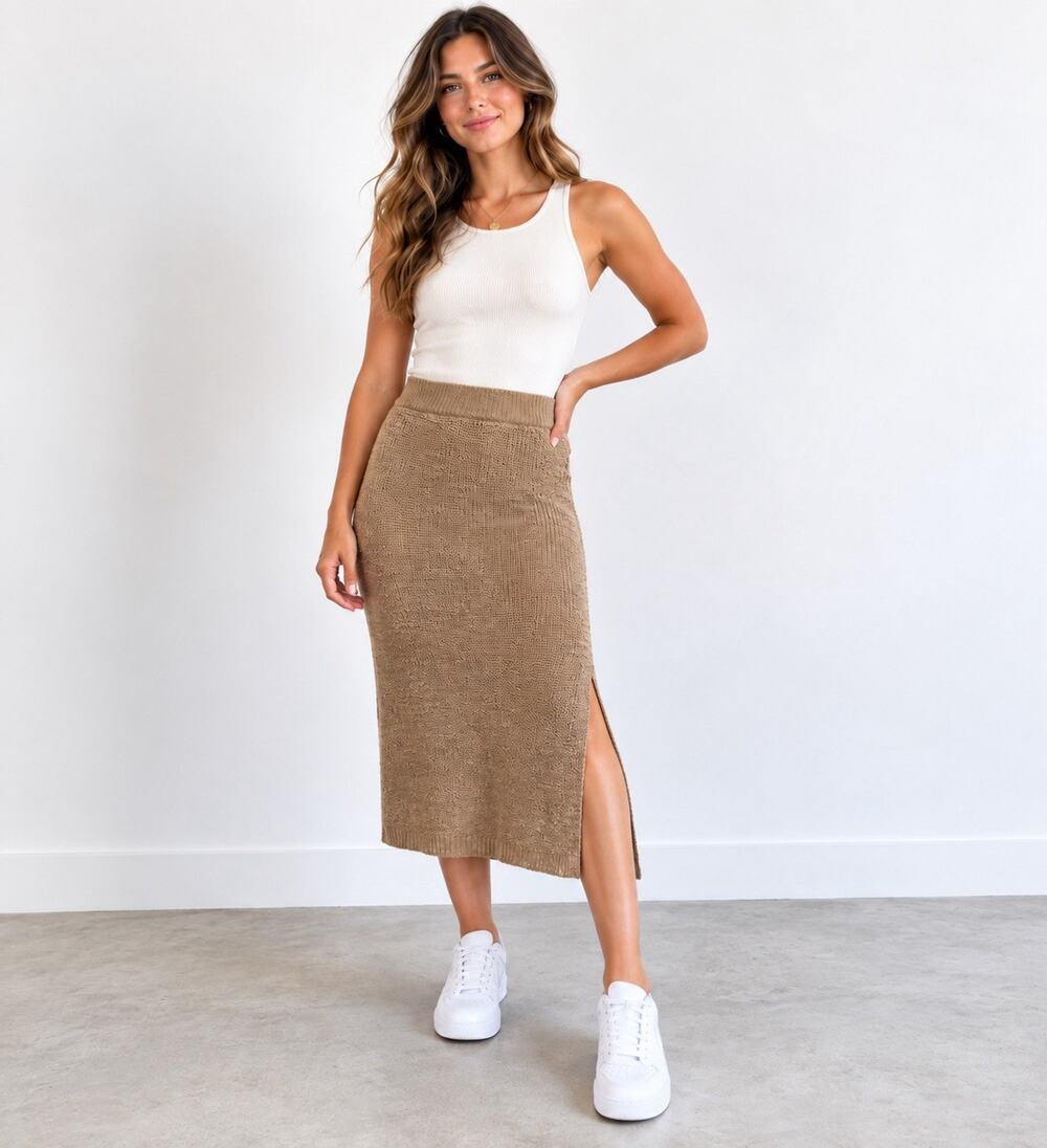 MIOU MUSE Brown Knit Midi/Maxi Skirt Size S NWT